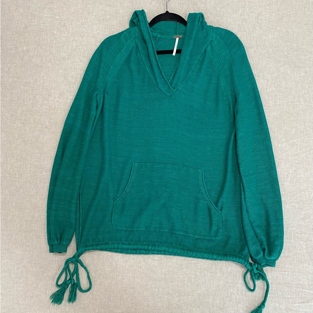 Free People Linen Blend Hooded Sweaters, Oversized Green Balloon Sleeve Sz S